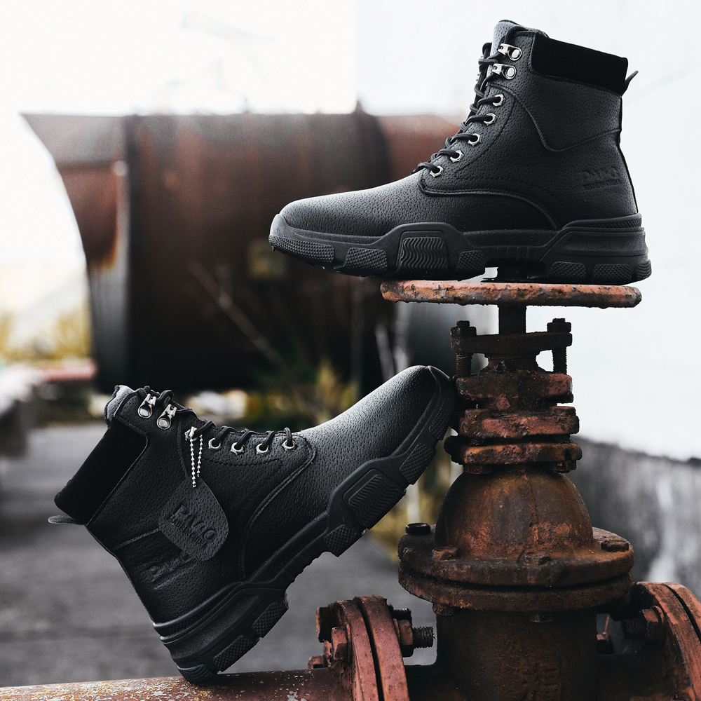 Men High Top Steel Toe Boots Lace Up Work Safety Shoes Army Combat Hiking - Black EU 39
